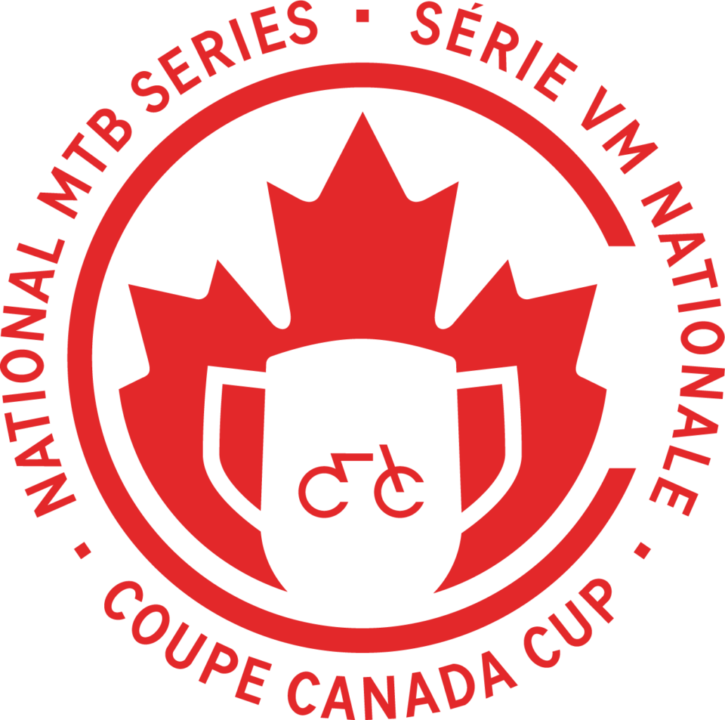 Canada Cup logo in red and white. "National MTB Series. Serie VM Nationale. Coupe Canada Cup." written around the outside.